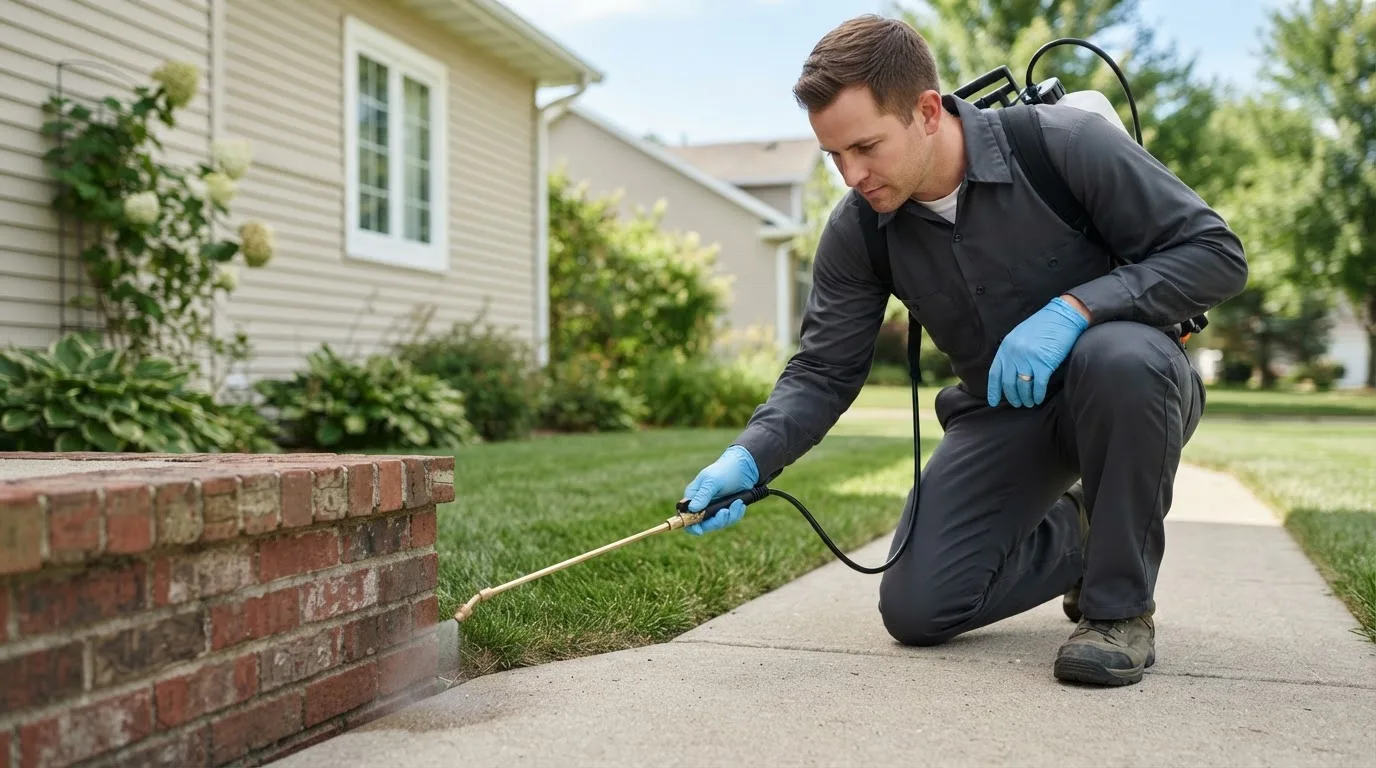 Pest control technician treating a home near Clitherall, MN